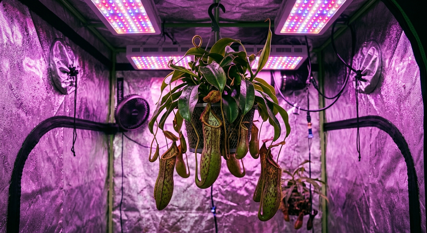 Nepenthes tropical pitcher plant growing under LED grow lights in an indoor grow tent with hanging pitchers
