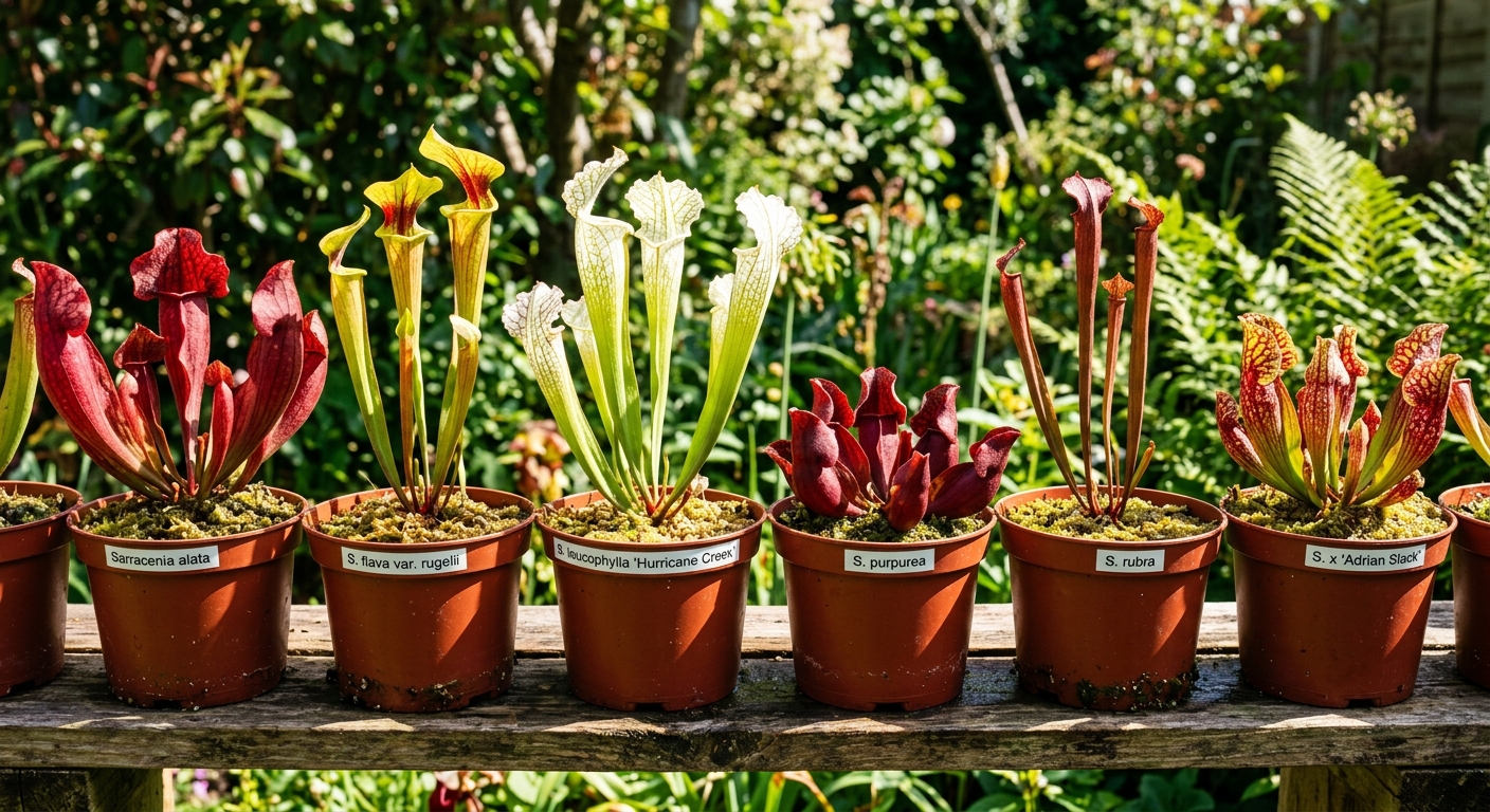 Sarracenia pitcher plants in plastic pots receiving full afternoon sun outdoors, showing deep red and green coloration